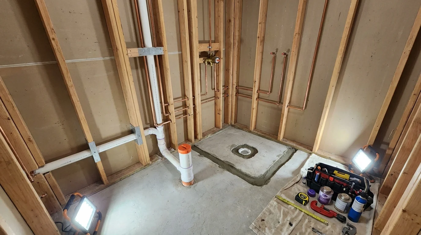 Bathroom rough-in plumbing during remodel by Johns Plumbing LLC in Deltona